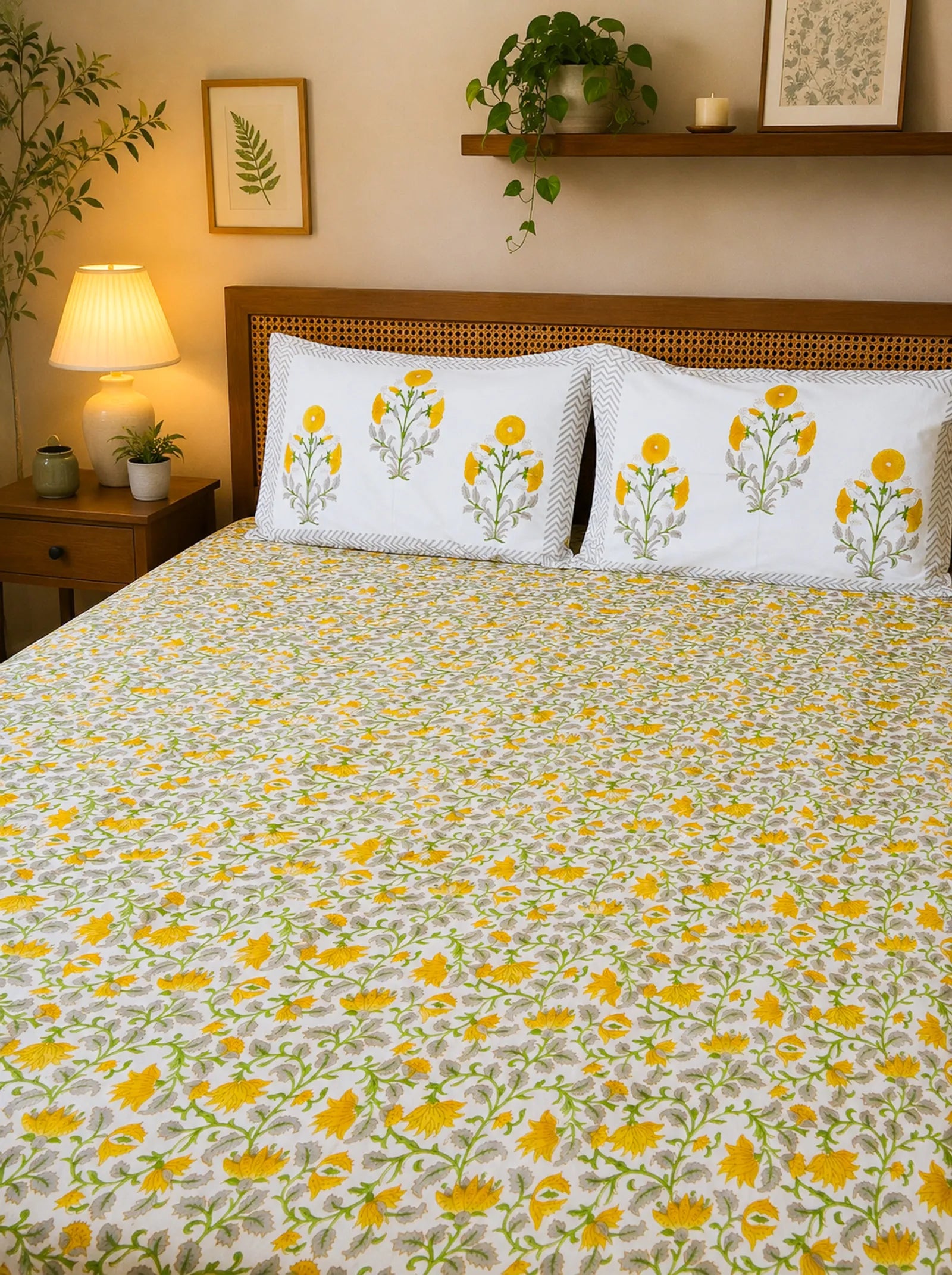 Yellow & Green Floral Jal Handblock Premium Cotton Bedsheet Set image 1
