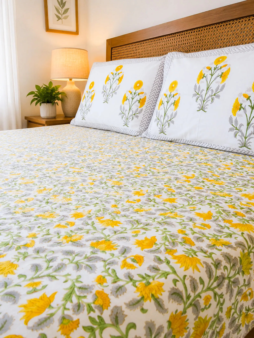 Yellow & Green Floral Jal Handblock Premium Cotton Bedsheet Set image 2