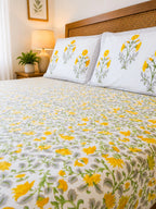 Yellow & Green Floral Jal Handblock Premium Cotton Bedsheet Set image 2