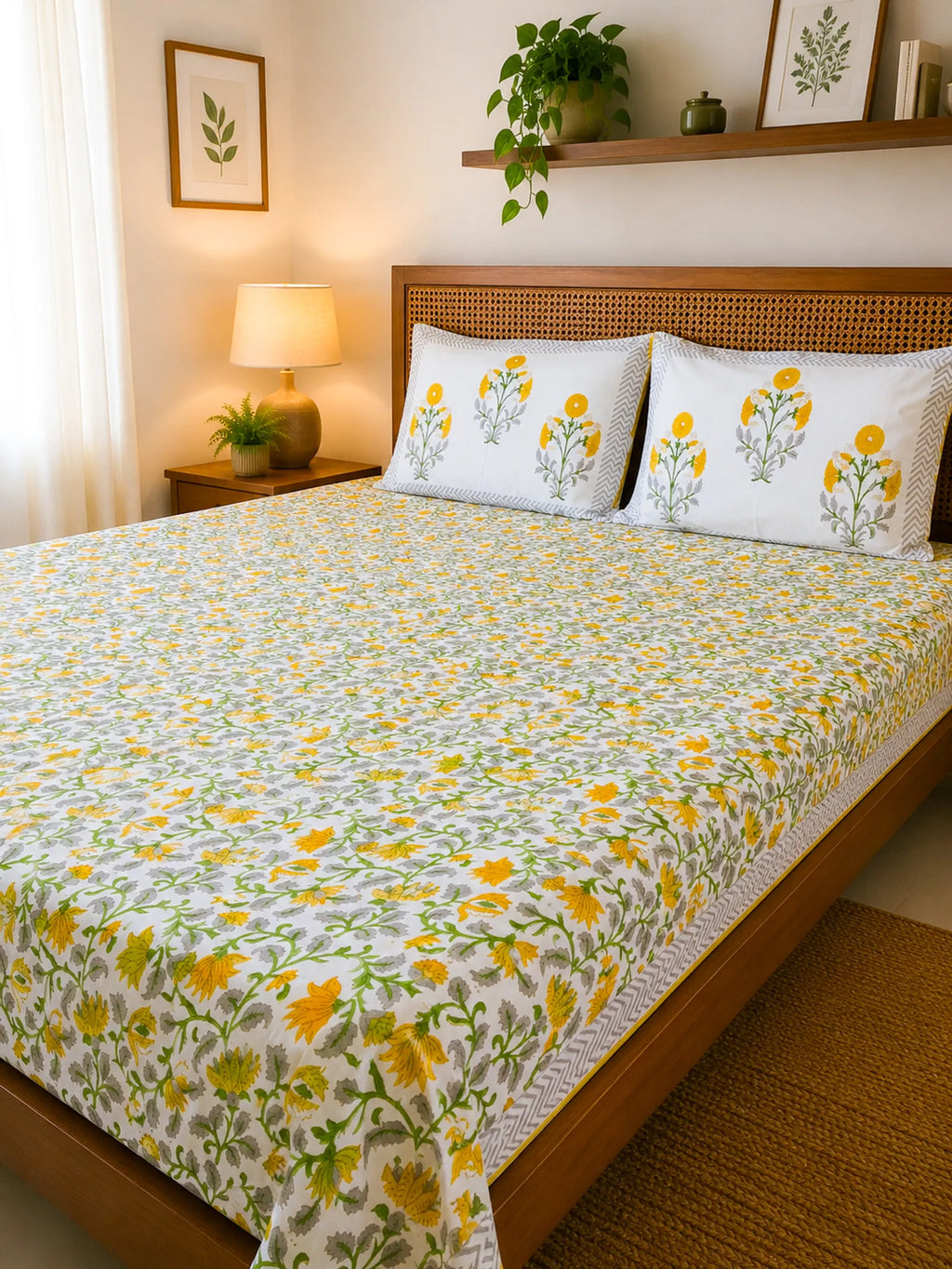 Yellow & Green Floral Jal Handblock Premium Cotton Bedsheet Set image 3