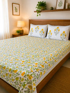 Yellow & Green Floral Jal Handblock Premium Cotton Bedsheet Set image 3