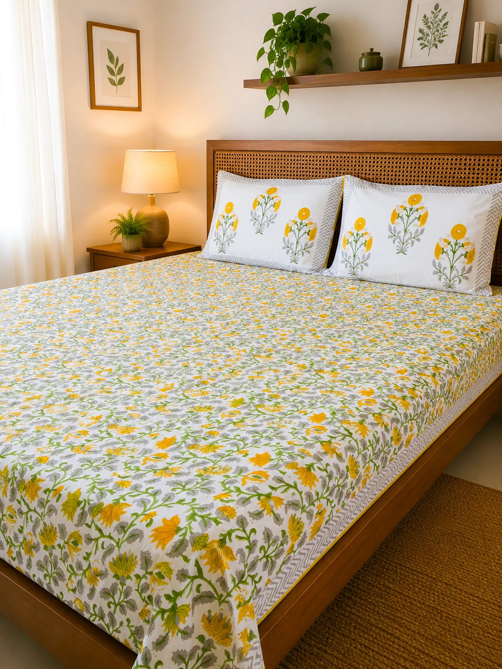 Yellow & Green Floral Jal Handblock Premium Cotton Bedsheet Set image 3
