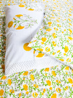 Yellow & Green Floral Jal Handblock Premium Cotton Bedsheet Set image 4