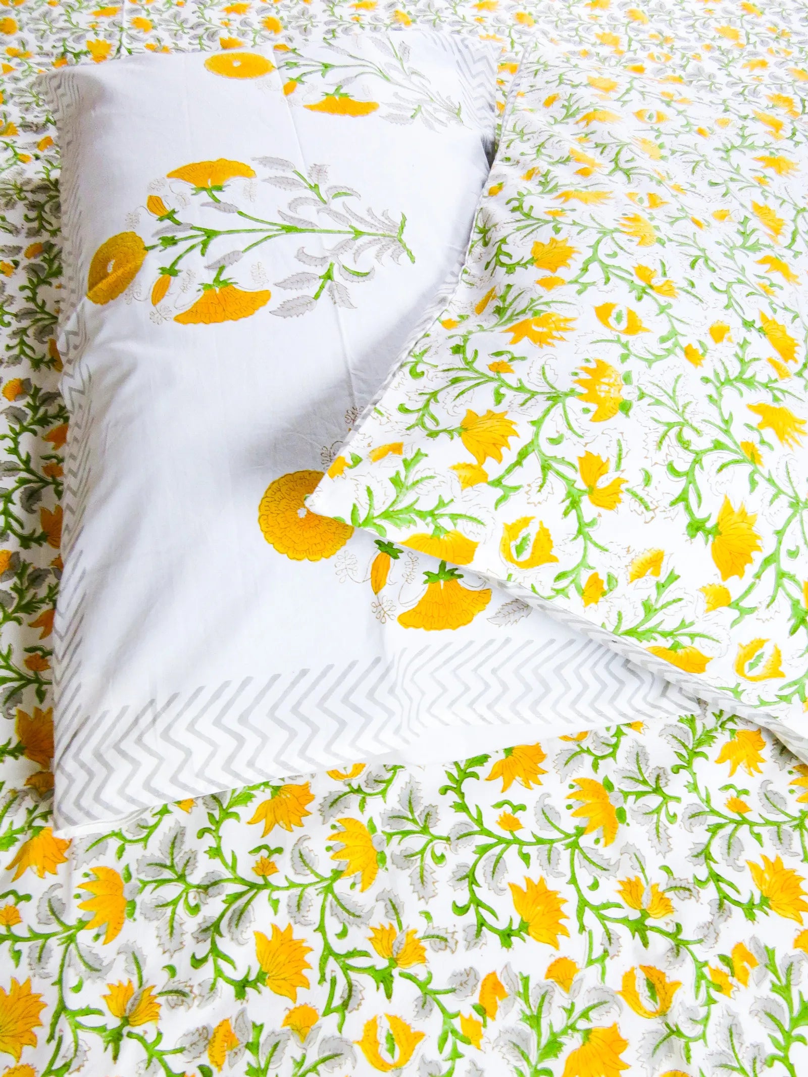 Yellow & Green Floral Jal Handblock Premium Cotton Bedsheet Set image 4