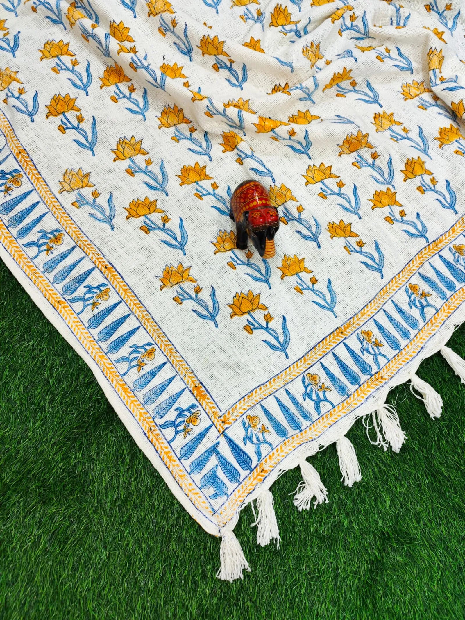 Yellow Blue Lotus Handblock TNT Cotton Throw Blanket image 2