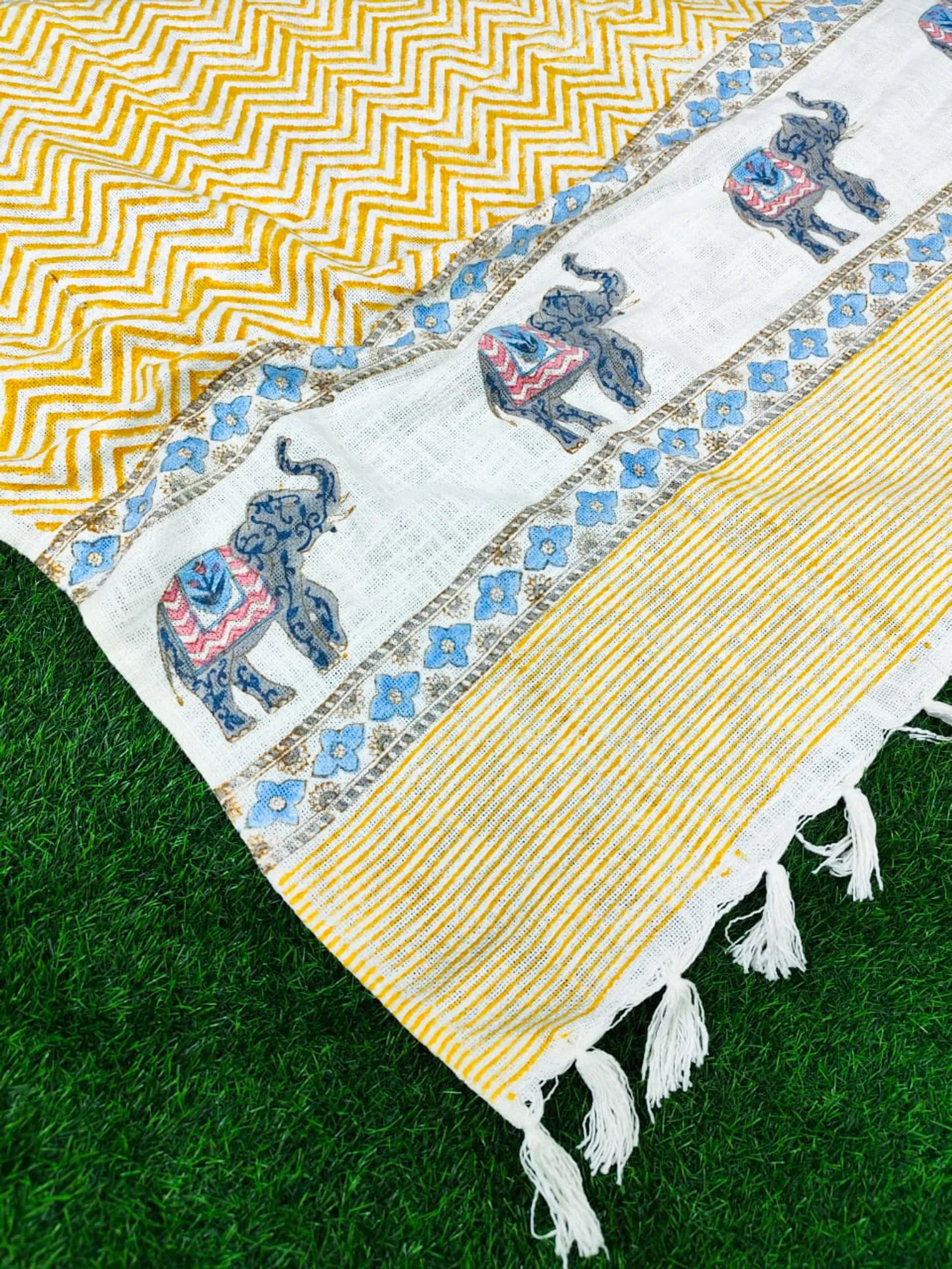 Yellow Chevron Elephant Handblock TNT Cotton Throw Blanket image 2