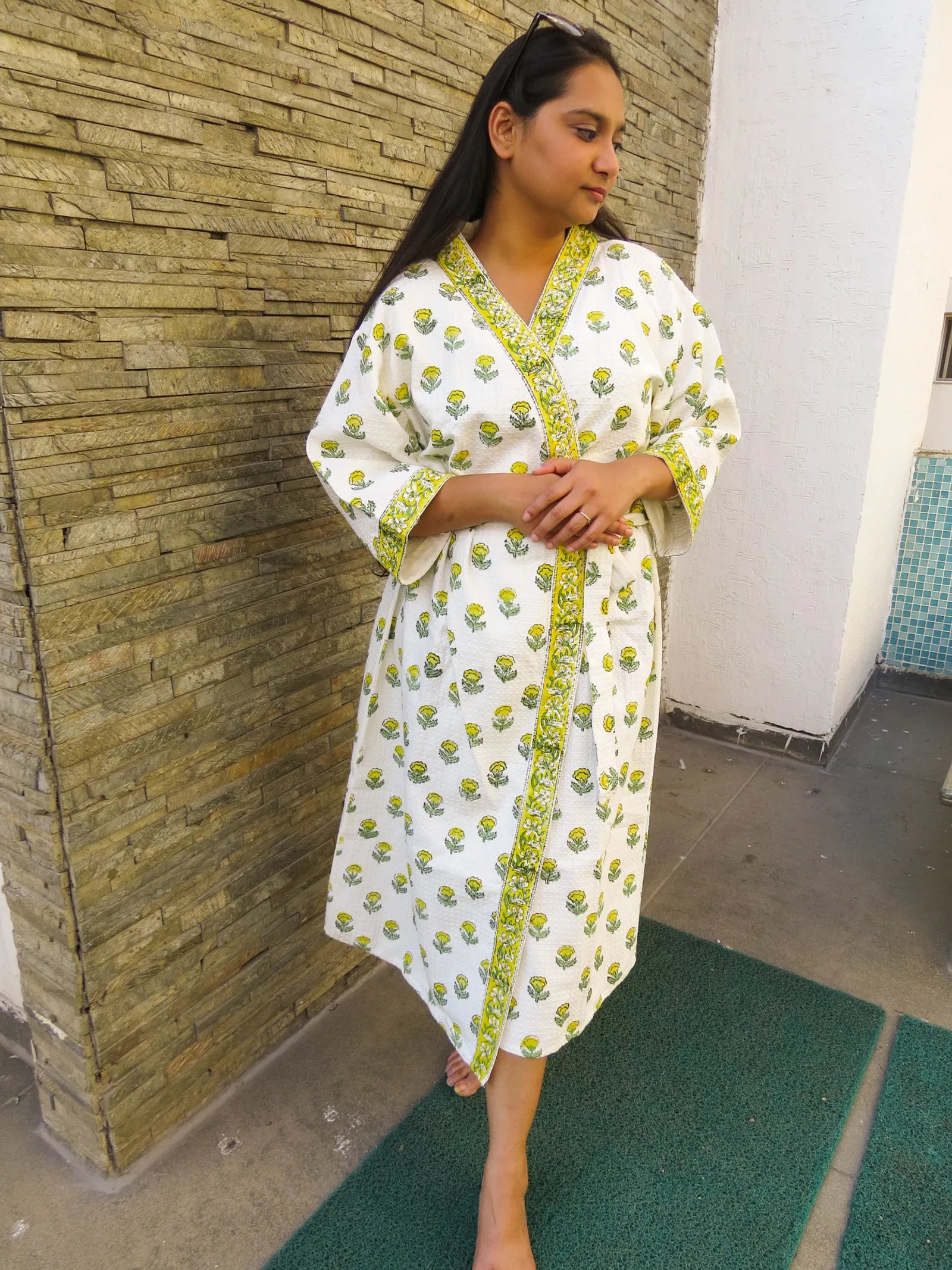 YELLOW FLOWER Handblock Printed Waffle Cotton Bathrobe image 1