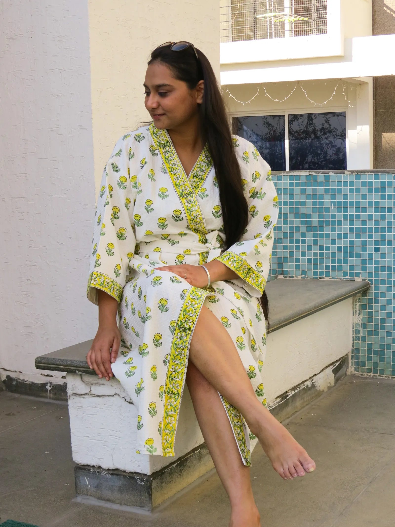 YELLOW FLOWER Handblock Printed Waffle Cotton Bathrobe image 2