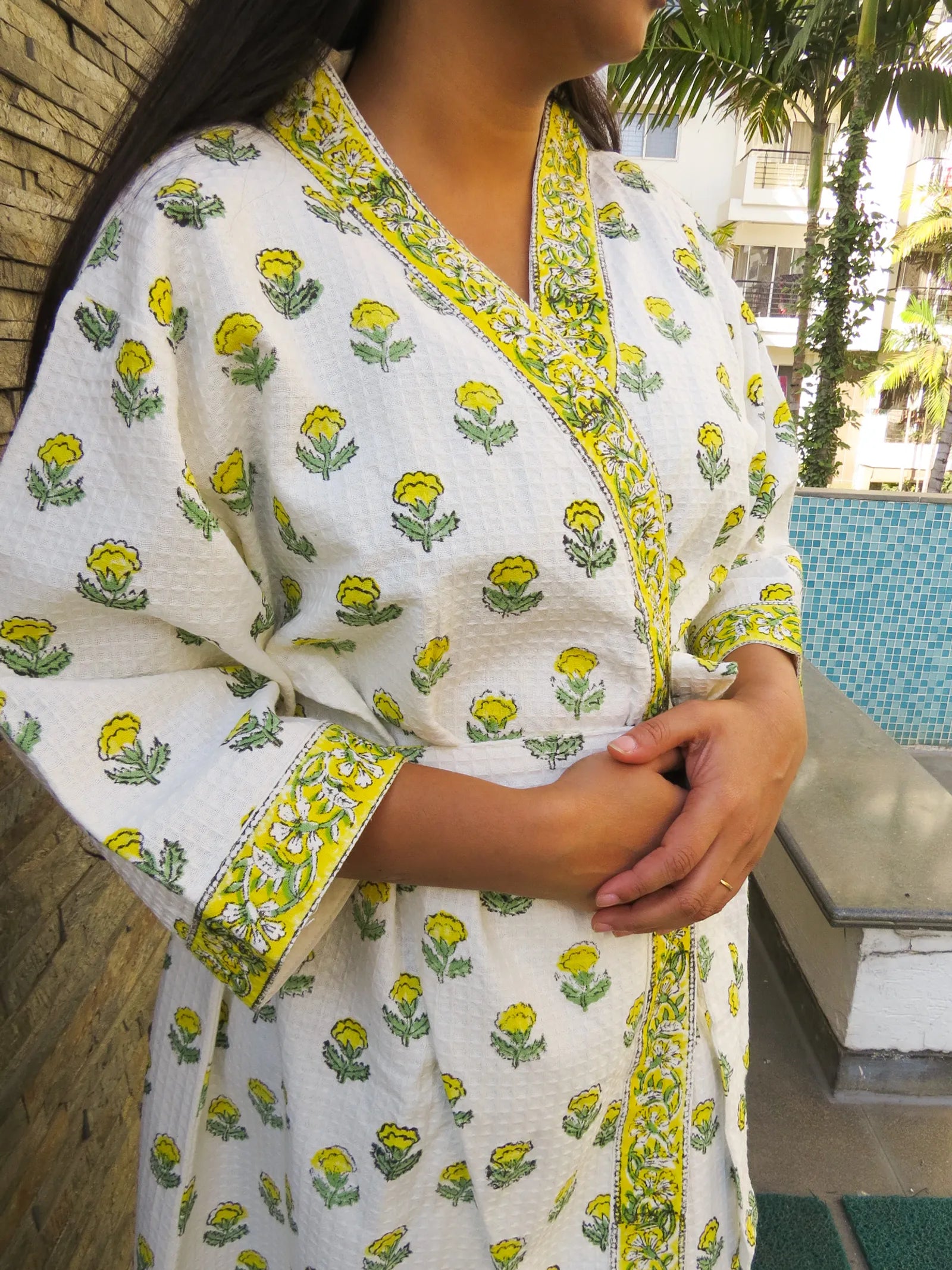 YELLOW FLOWER Handblock Printed Waffle Cotton Bathrobe image 3