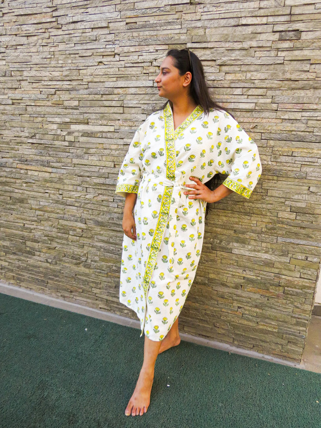 YELLOW FLOWER Handblock Printed Waffle Cotton Bathrobe image 4