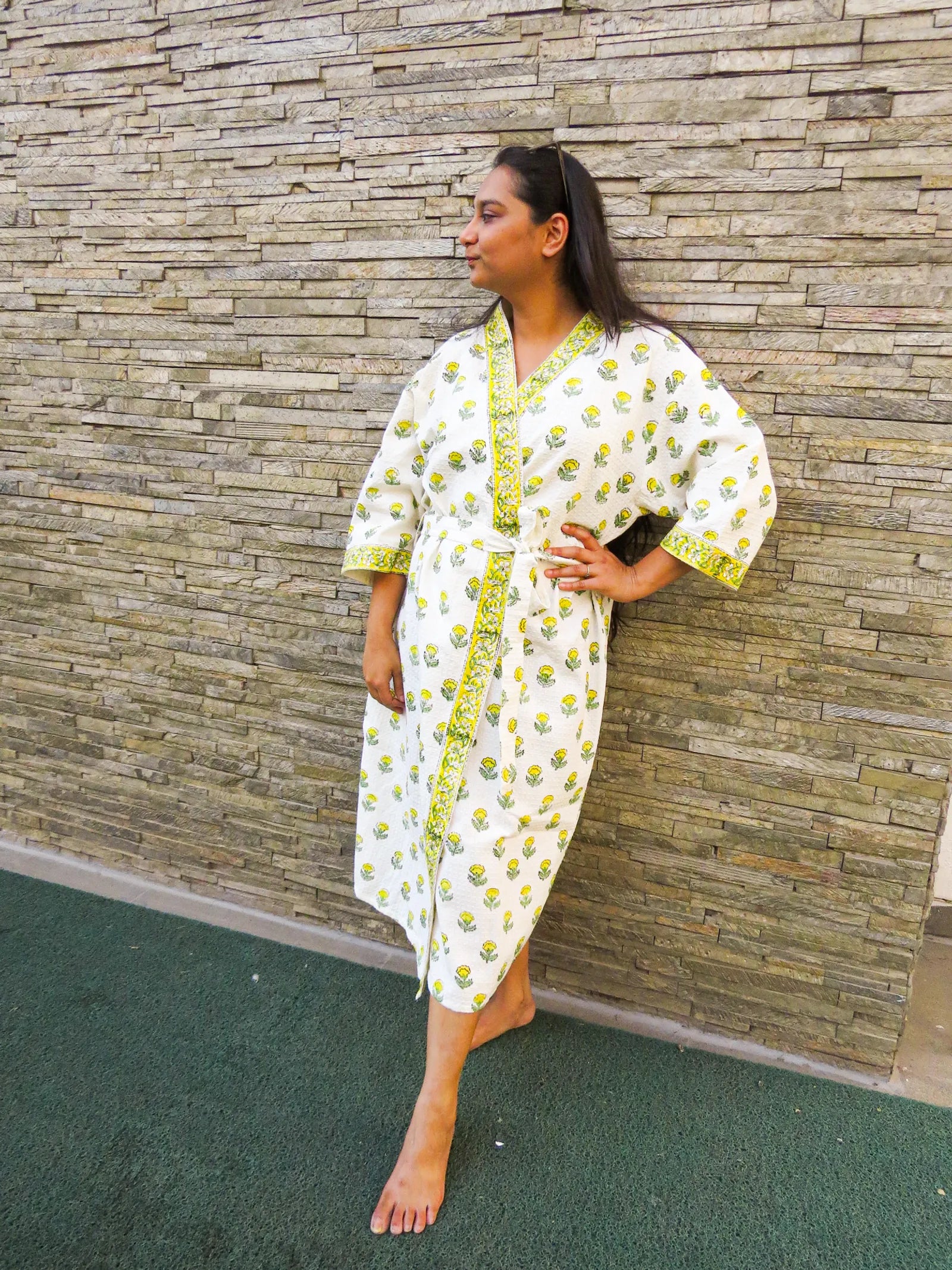 YELLOW FLOWER Handblock Printed Waffle Cotton Bathrobe image 4