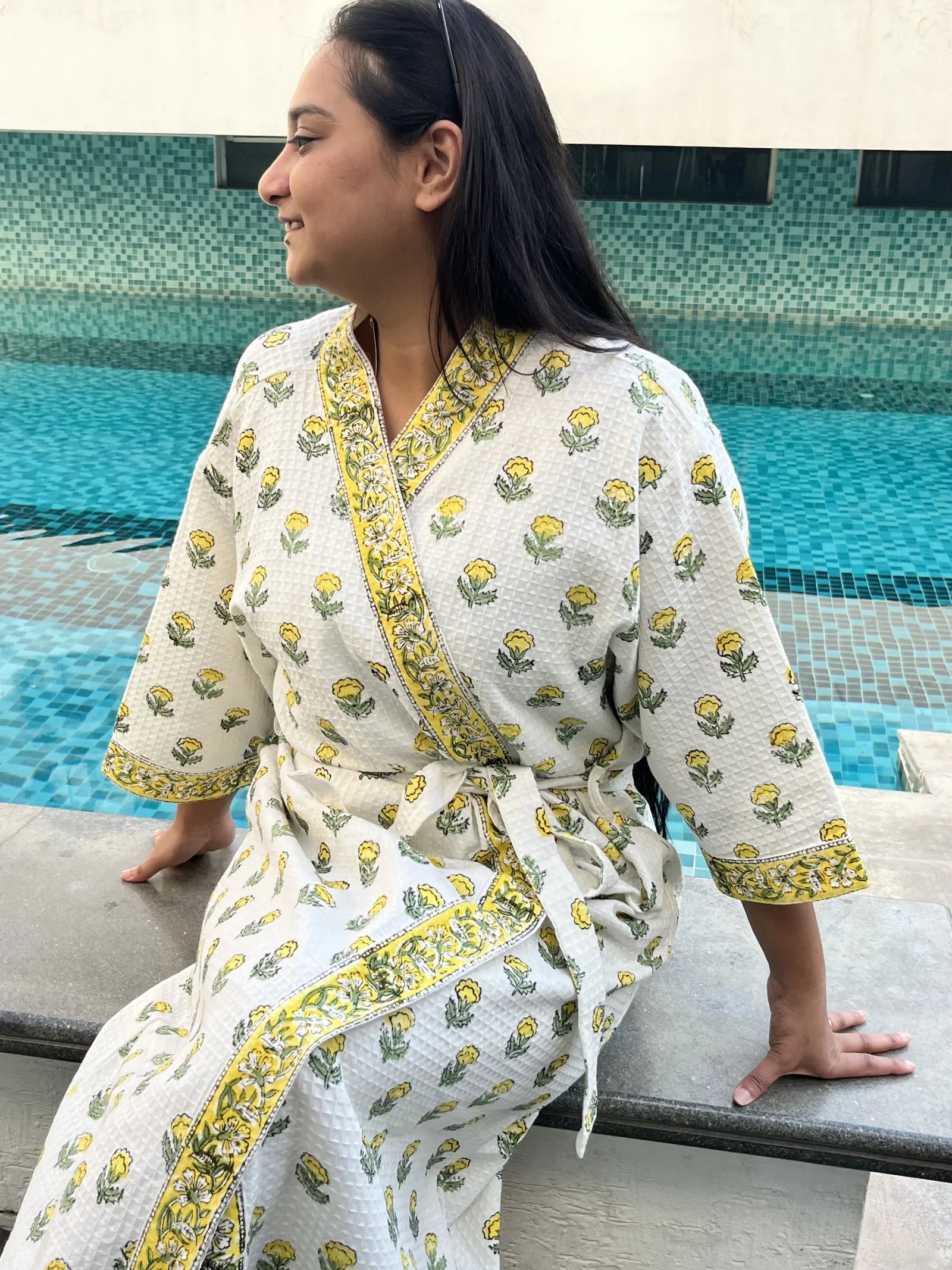YELLOW FLOWER Handblock Printed Waffle Cotton Bathrobe image 5