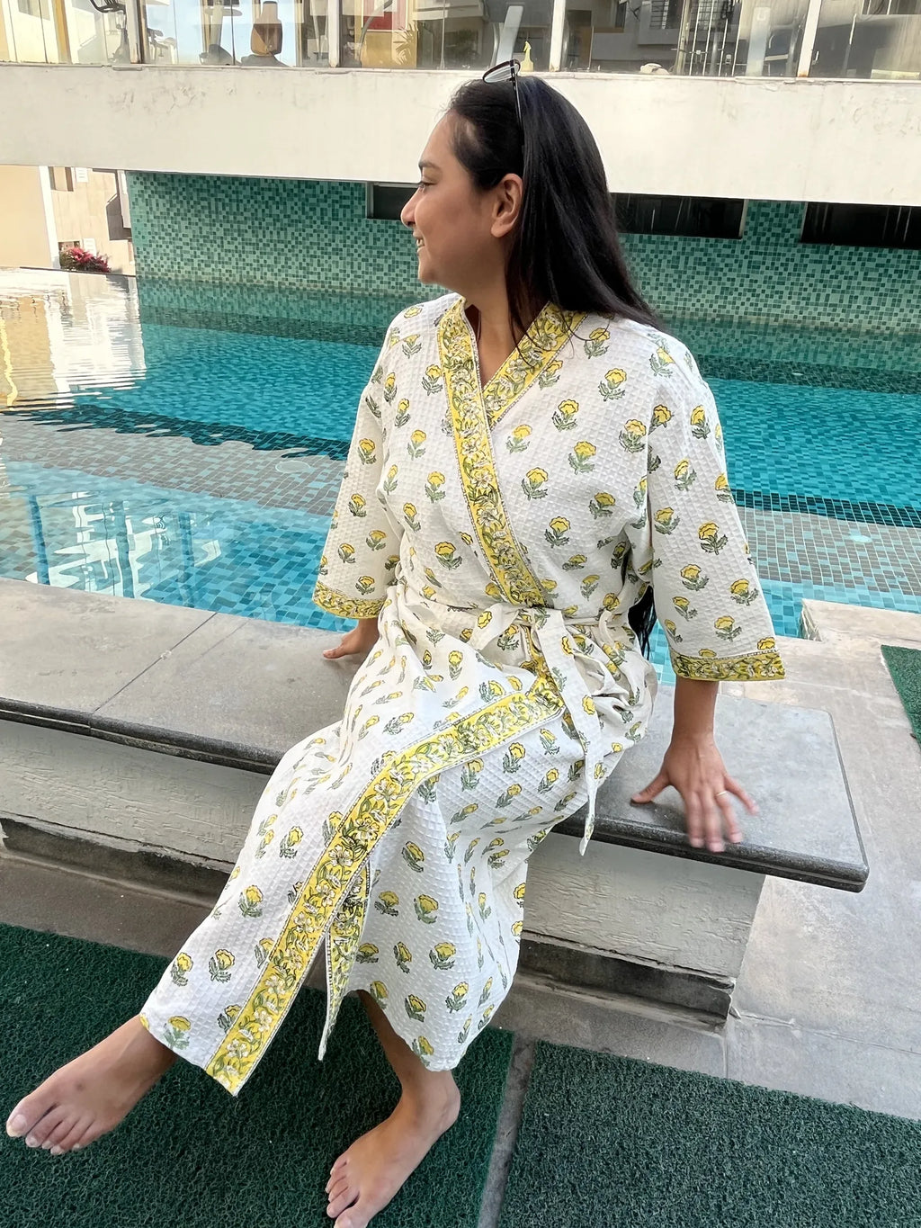 YELLOW FLOWER Handblock Printed Waffle Cotton Bathrobe image 6