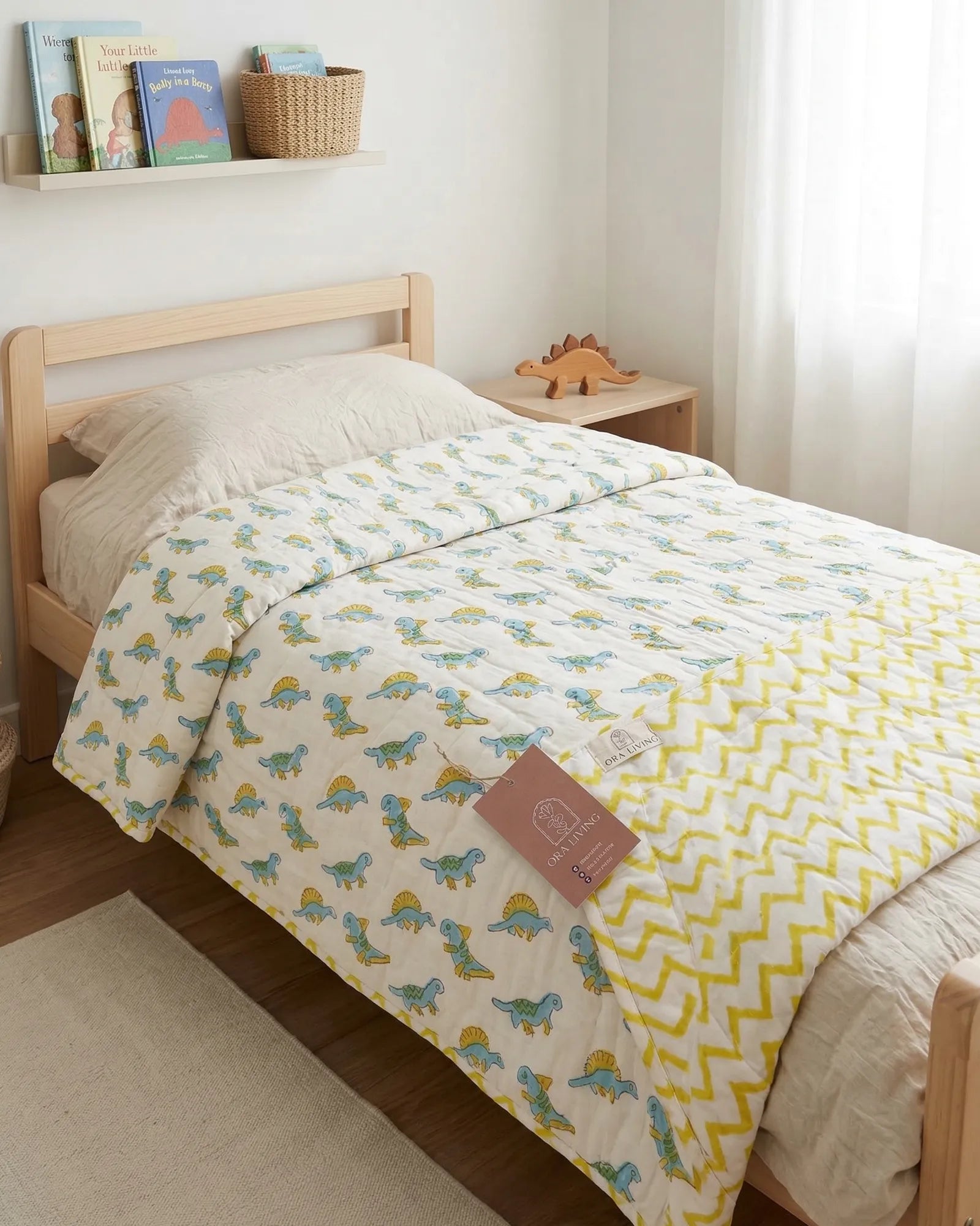 Yellow Green Dino Handblock Mul Cotton Kids Quilt image 1