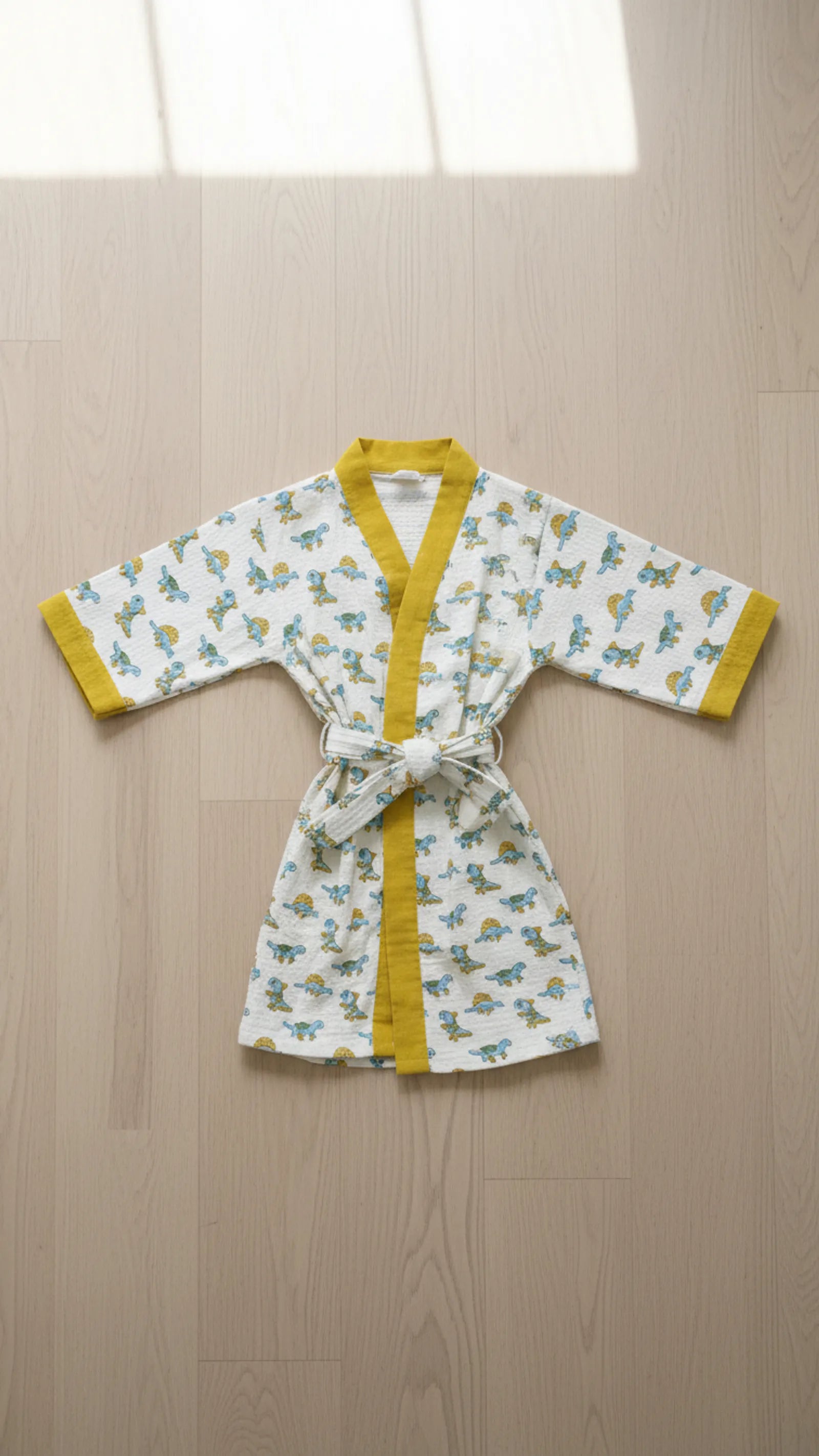 Yellow Green Dino Waffle Cotton Kids Bathrobe image 1