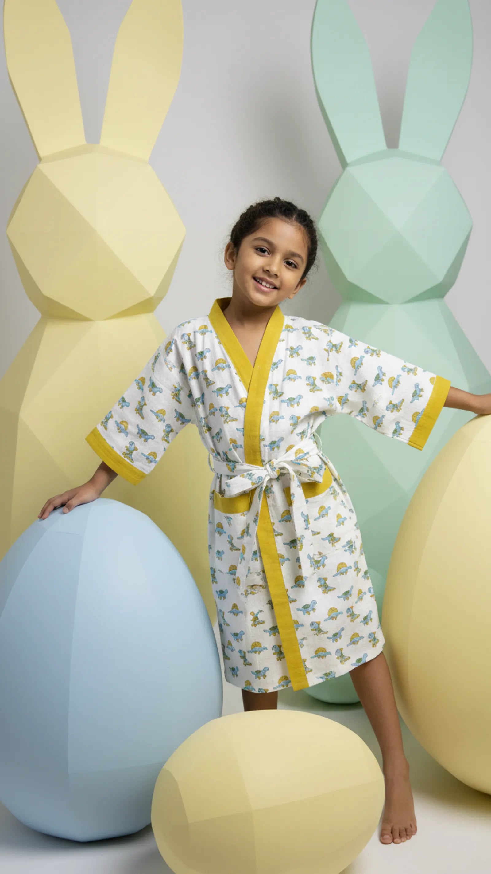 Yellow Green Dino Waffle Cotton Kids Bathrobe image 2