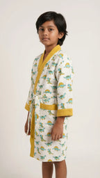 Yellow Green Dino Waffle Cotton Kids Bathrobe image 4