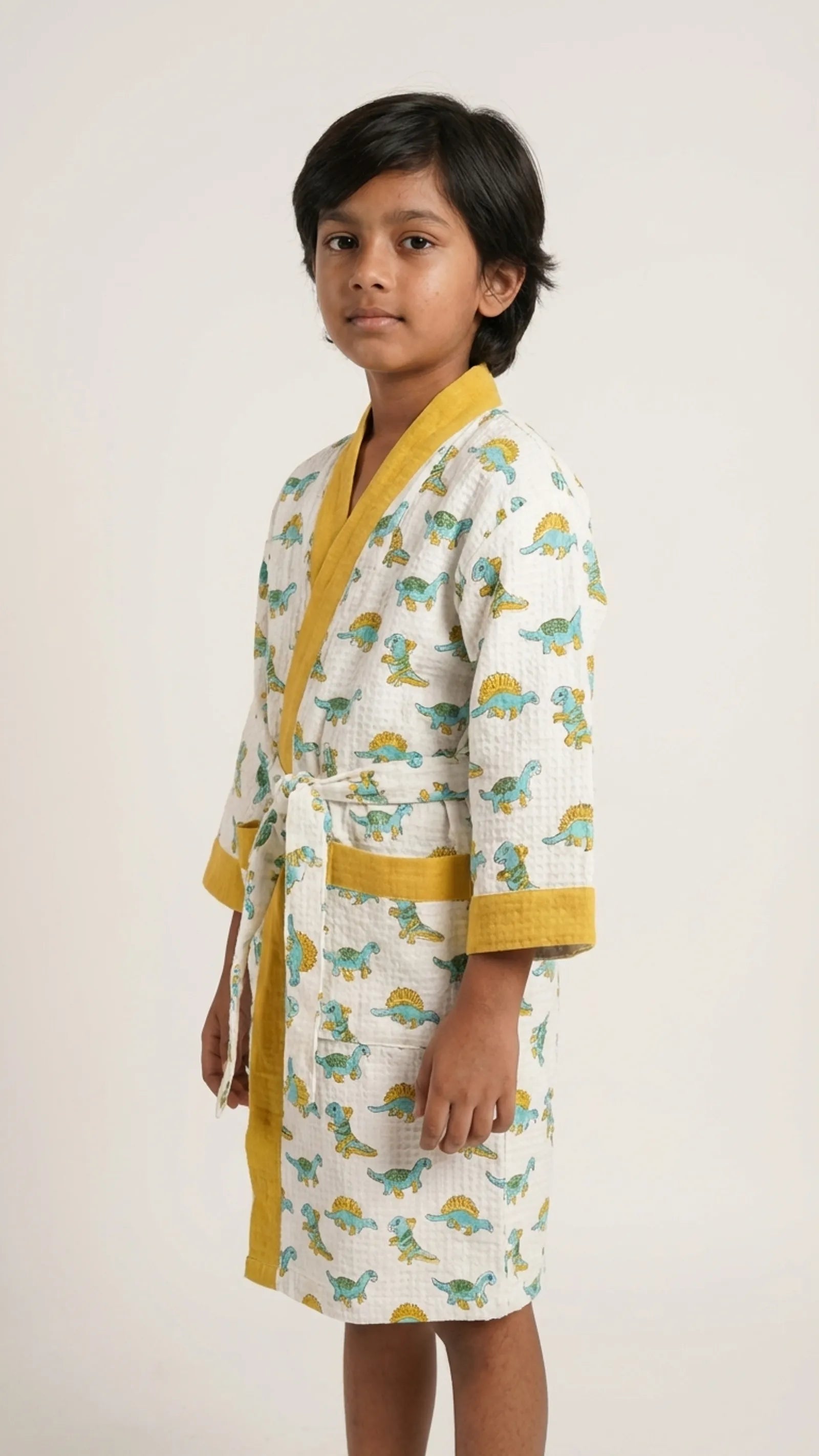 Yellow Green Dino Waffle Cotton Kids Bathrobe image 4