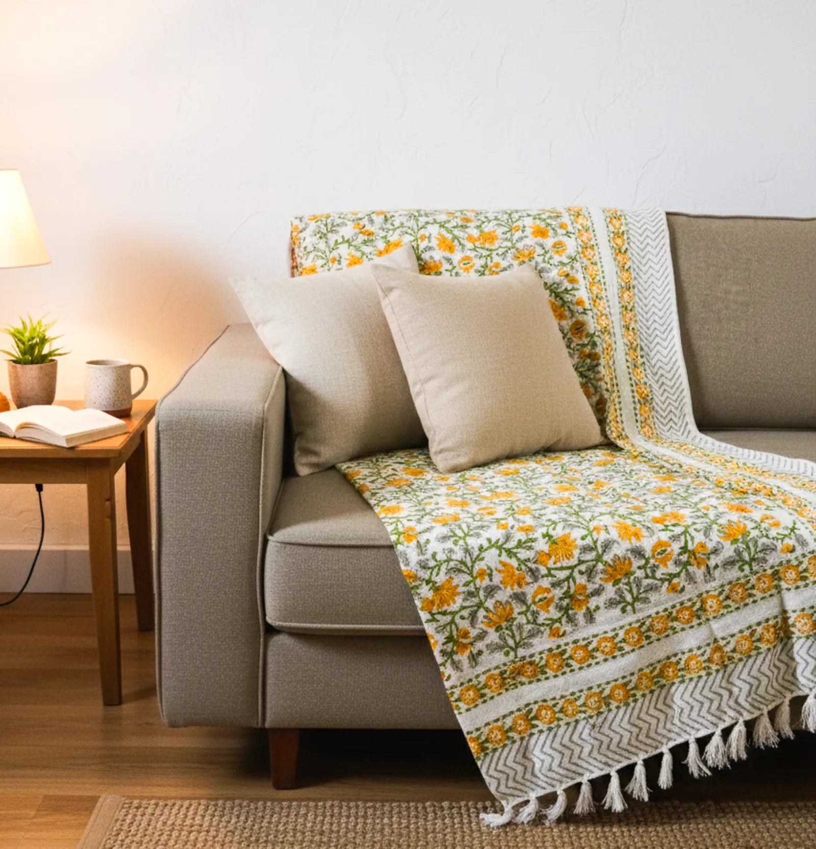 Yellow Green Floral Jal Handblock TNT Cotton Throw Blanket image 1