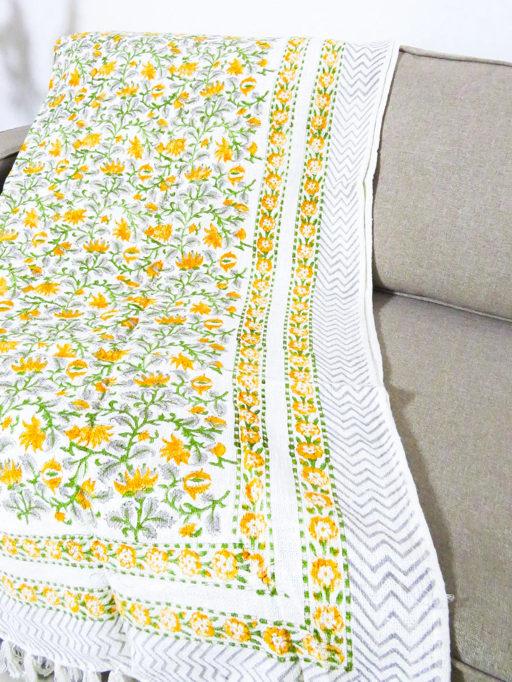 Yellow Green Floral Jal Handblock TNT Cotton Throw Blanket image 2