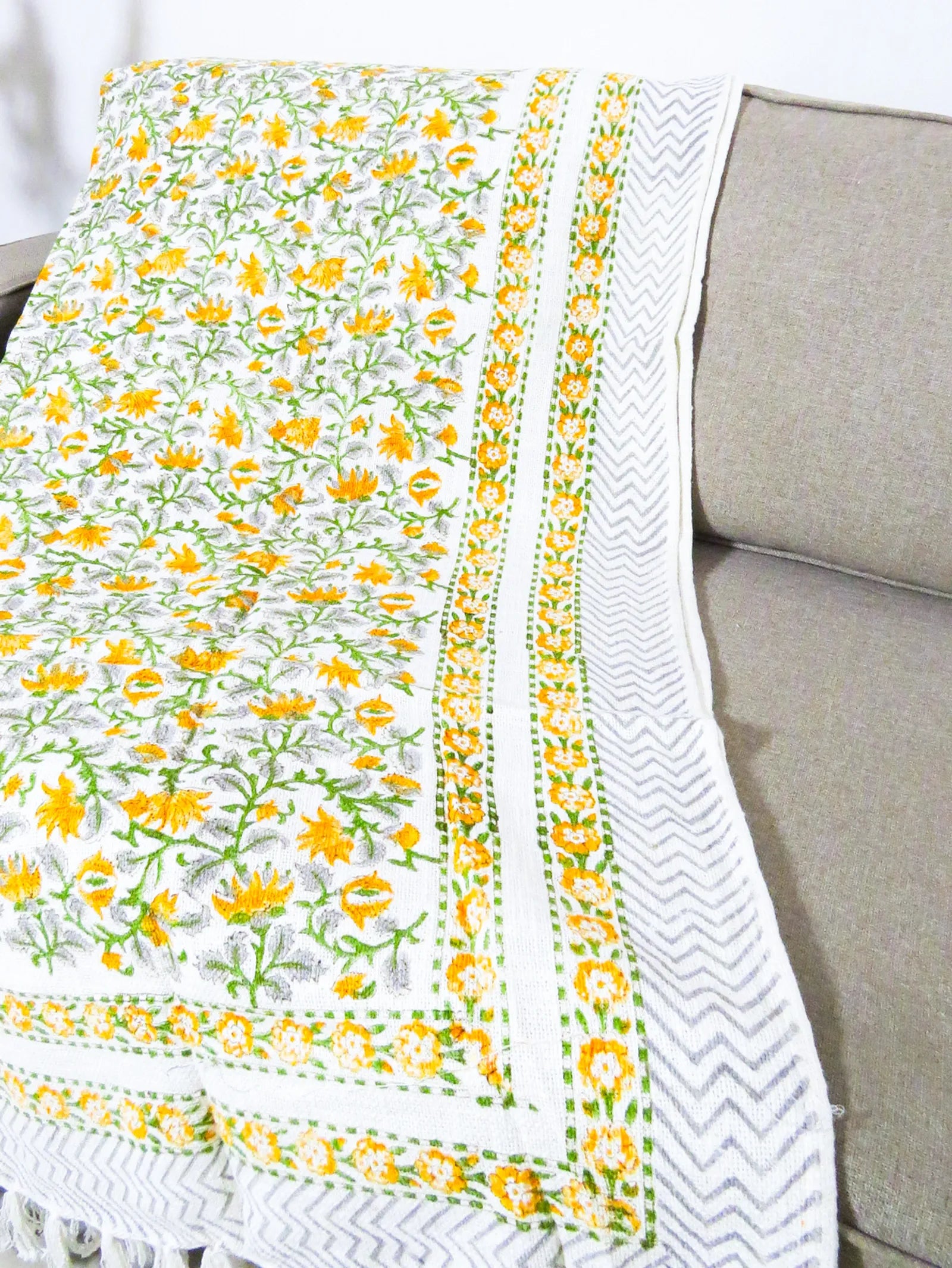 Yellow Green Floral Jal Handblock TNT Cotton Throw Blanket image 2
