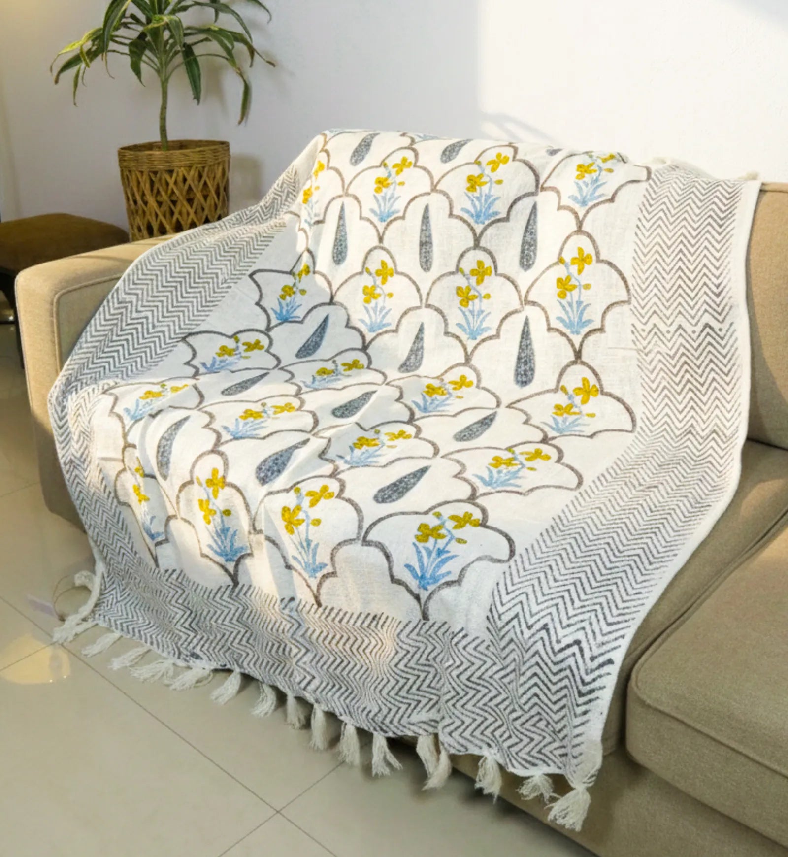 Yellow Grey Floral Jal Handblock TNT Cotton Throw Blanket image 1