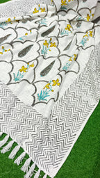 Yellow Grey Floral Jal Handblock TNT Cotton Throw Blanket image 2