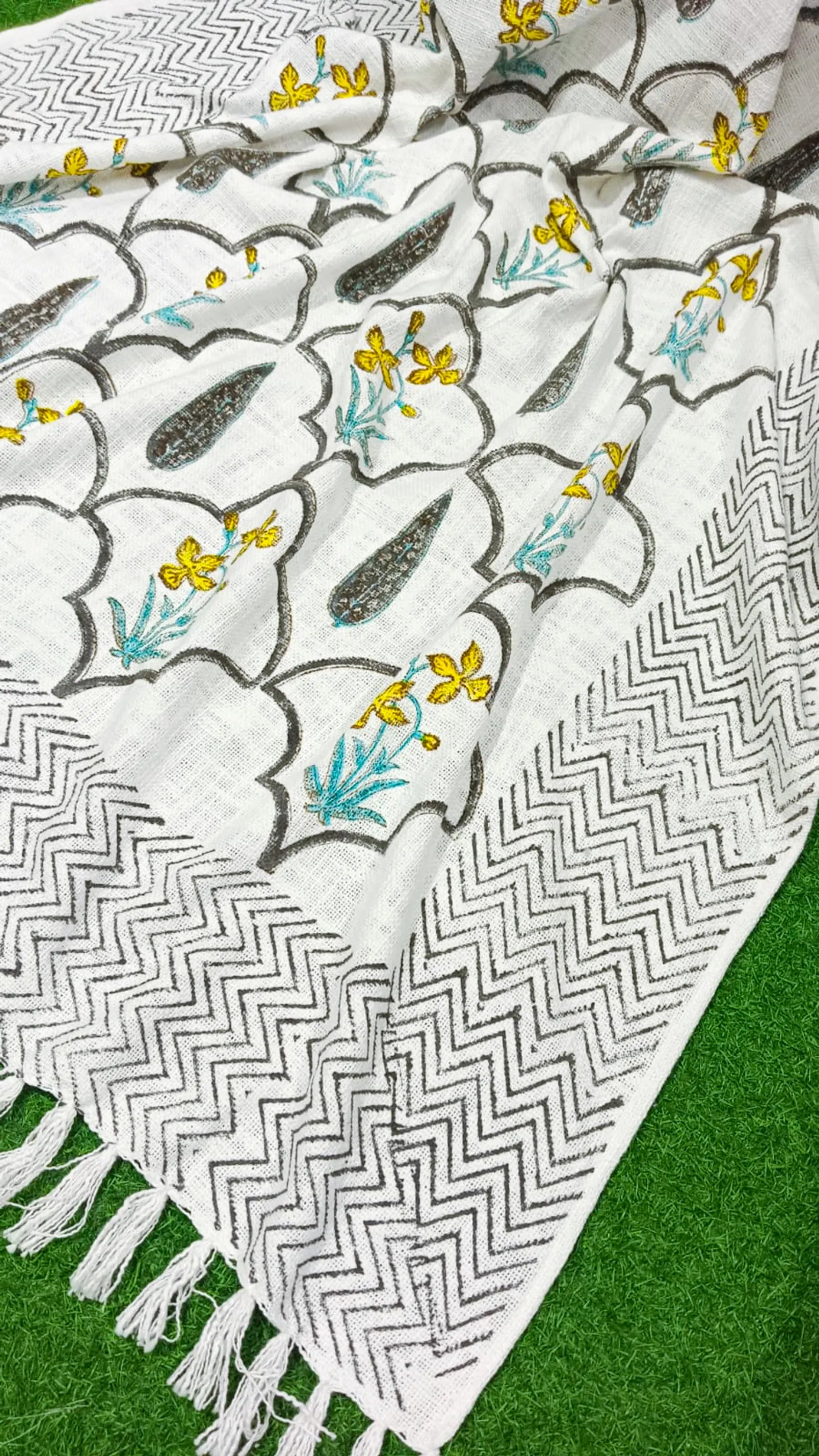 Yellow Grey Floral Jal Handblock TNT Cotton Throw Blanket image 2