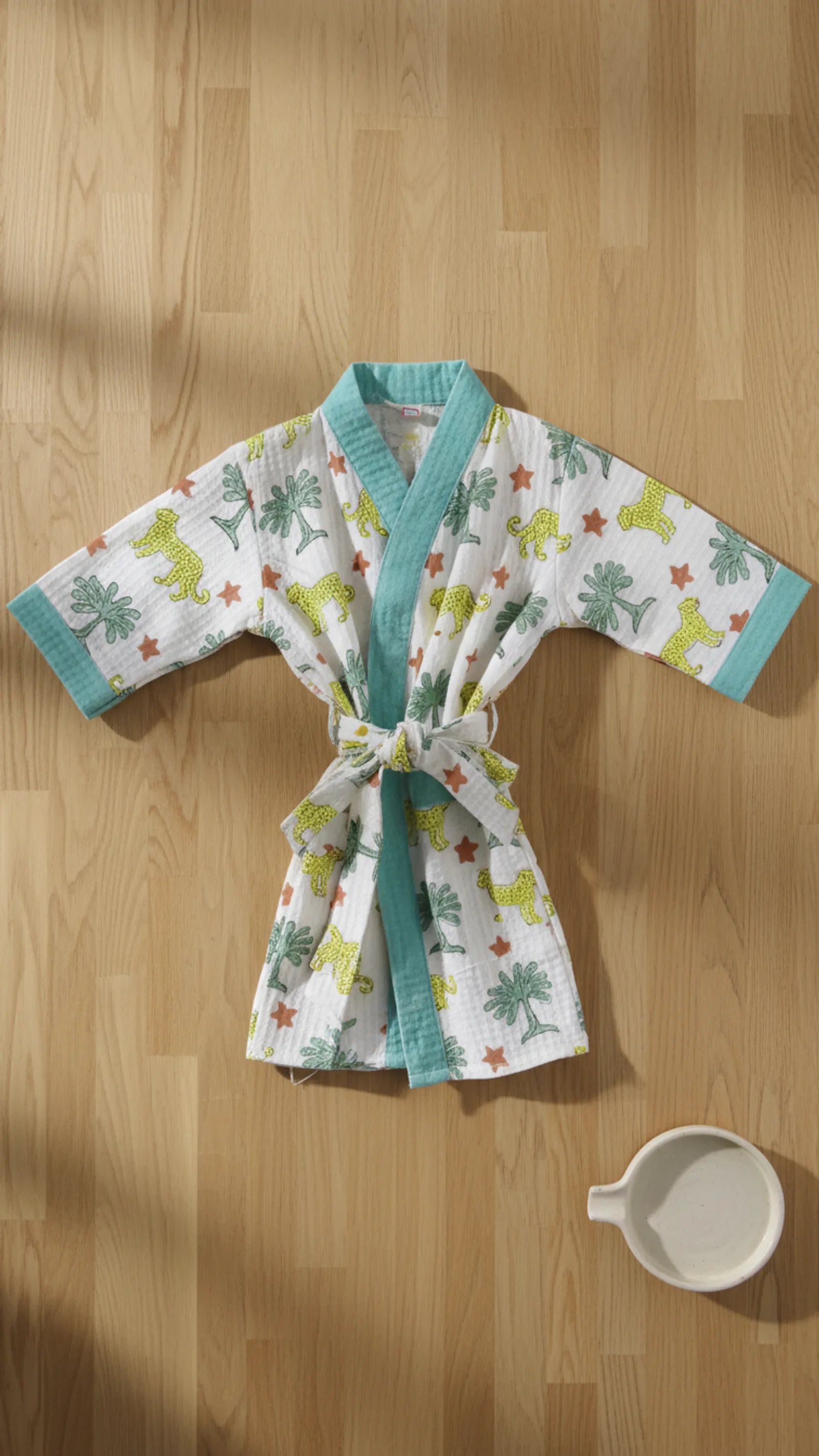 Yellow Leopard Jungle Waffle Cotton Kids Bathrobe image 1