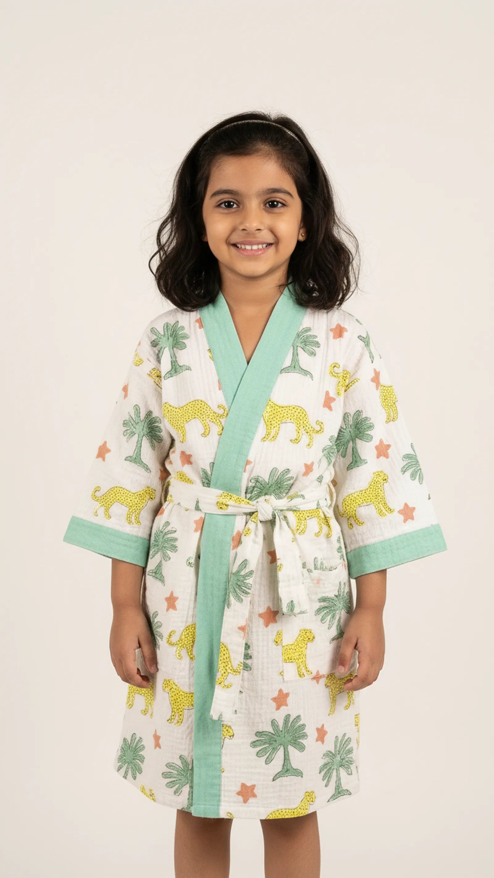 Yellow Leopard Jungle Waffle Cotton Kids Bathrobe image 2