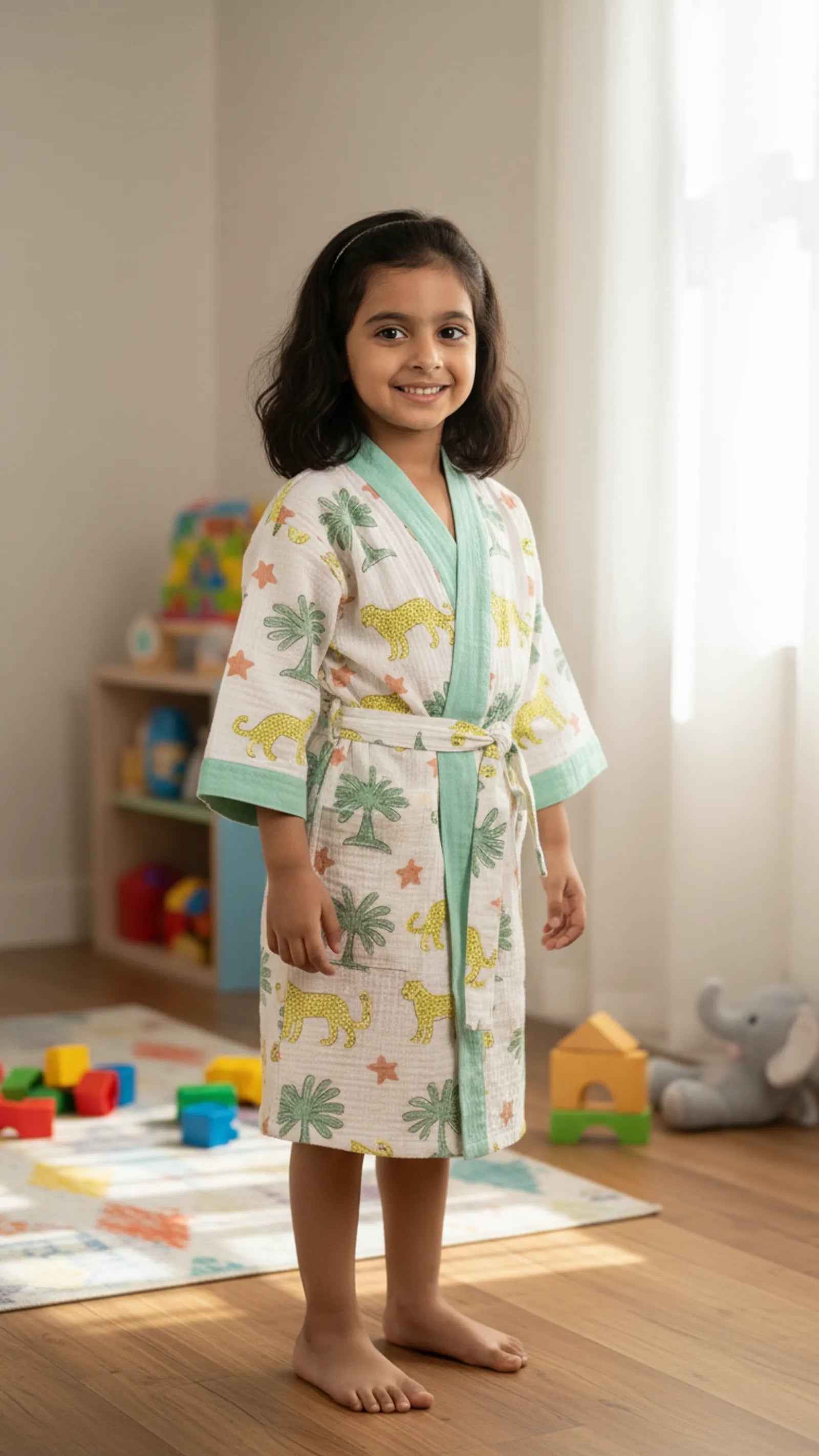 Yellow Leopard Jungle Waffle Cotton Kids Bathrobe image 3