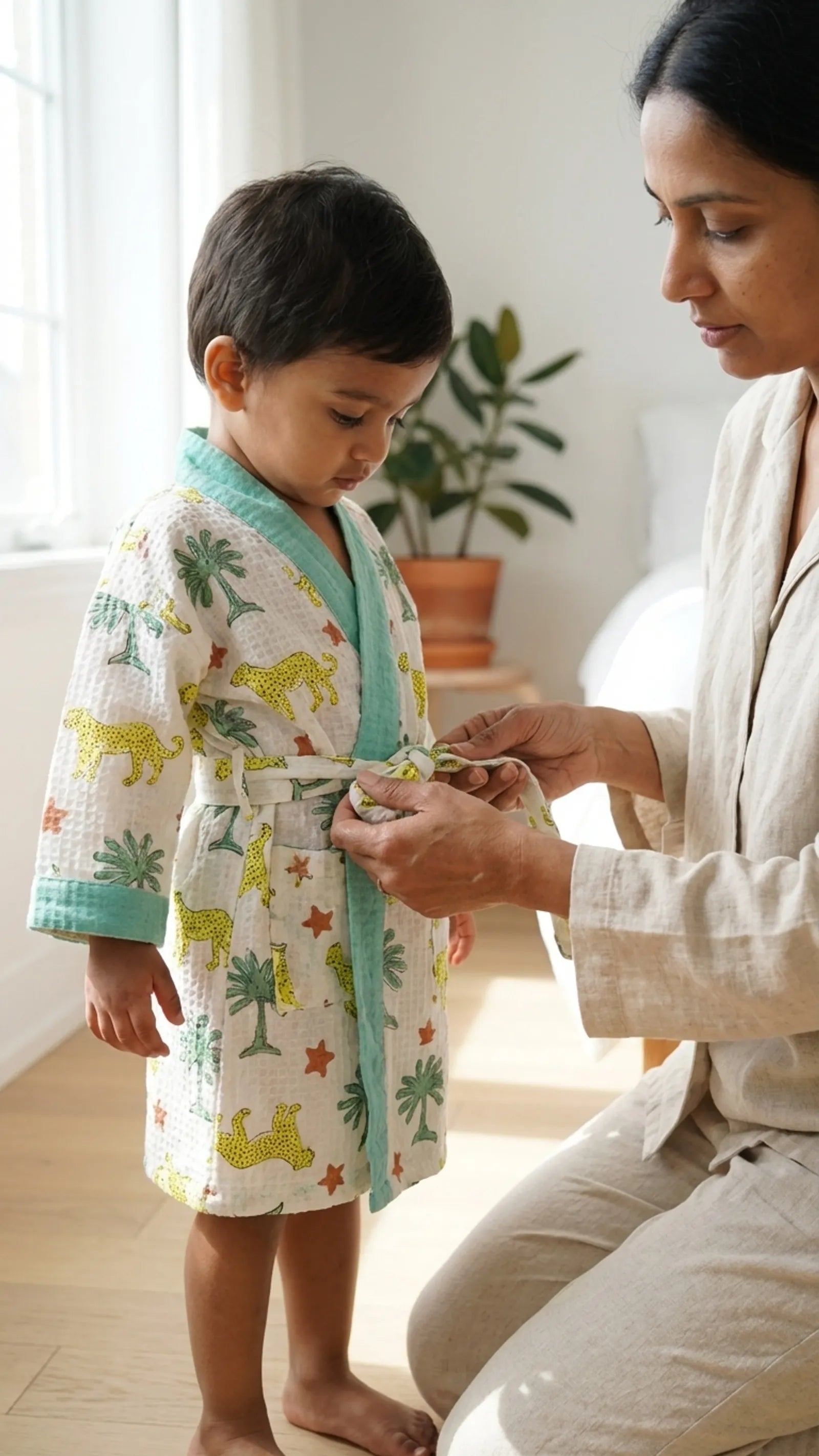 Yellow Leopard Jungle Waffle Cotton Kids Bathrobe image 4
