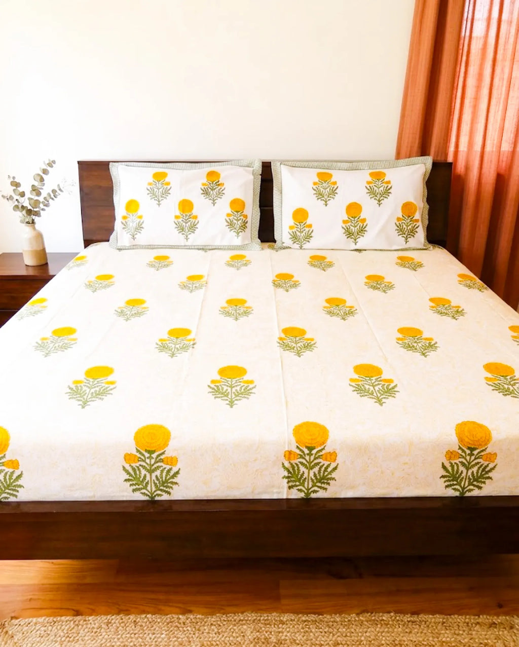 Yellow Marigold Handblock Premium Cotton Bedsheet Set image 1