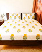 Yellow Marigold Handblock Premium Cotton Bedsheet Set image 1