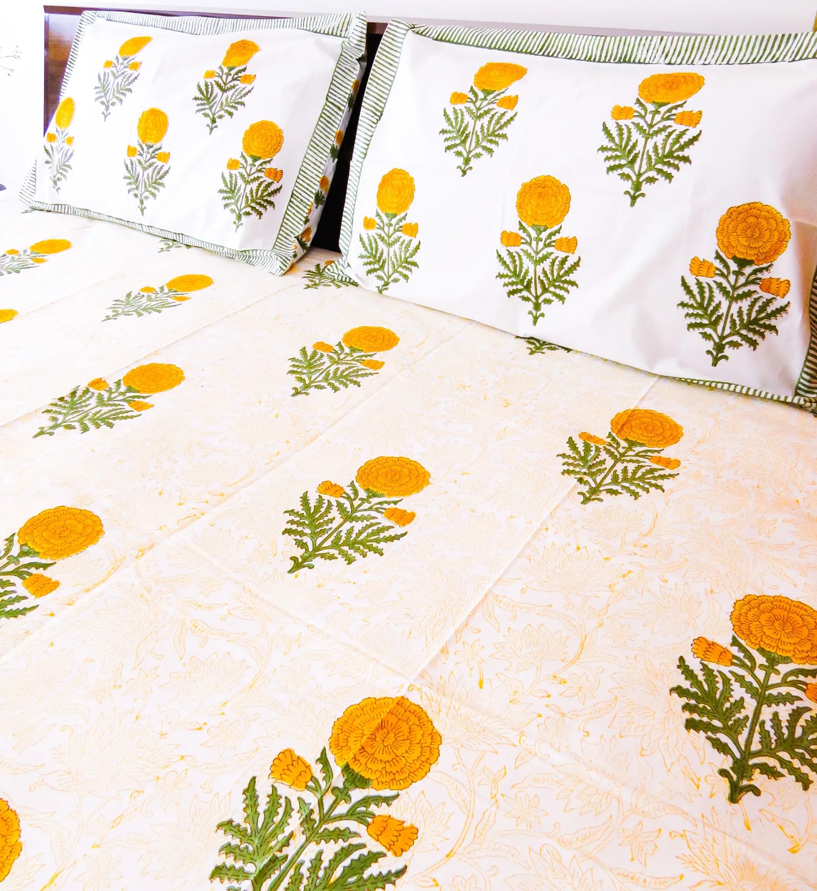 Yellow Marigold Handblock Premium Cotton Bedsheet Set image 2