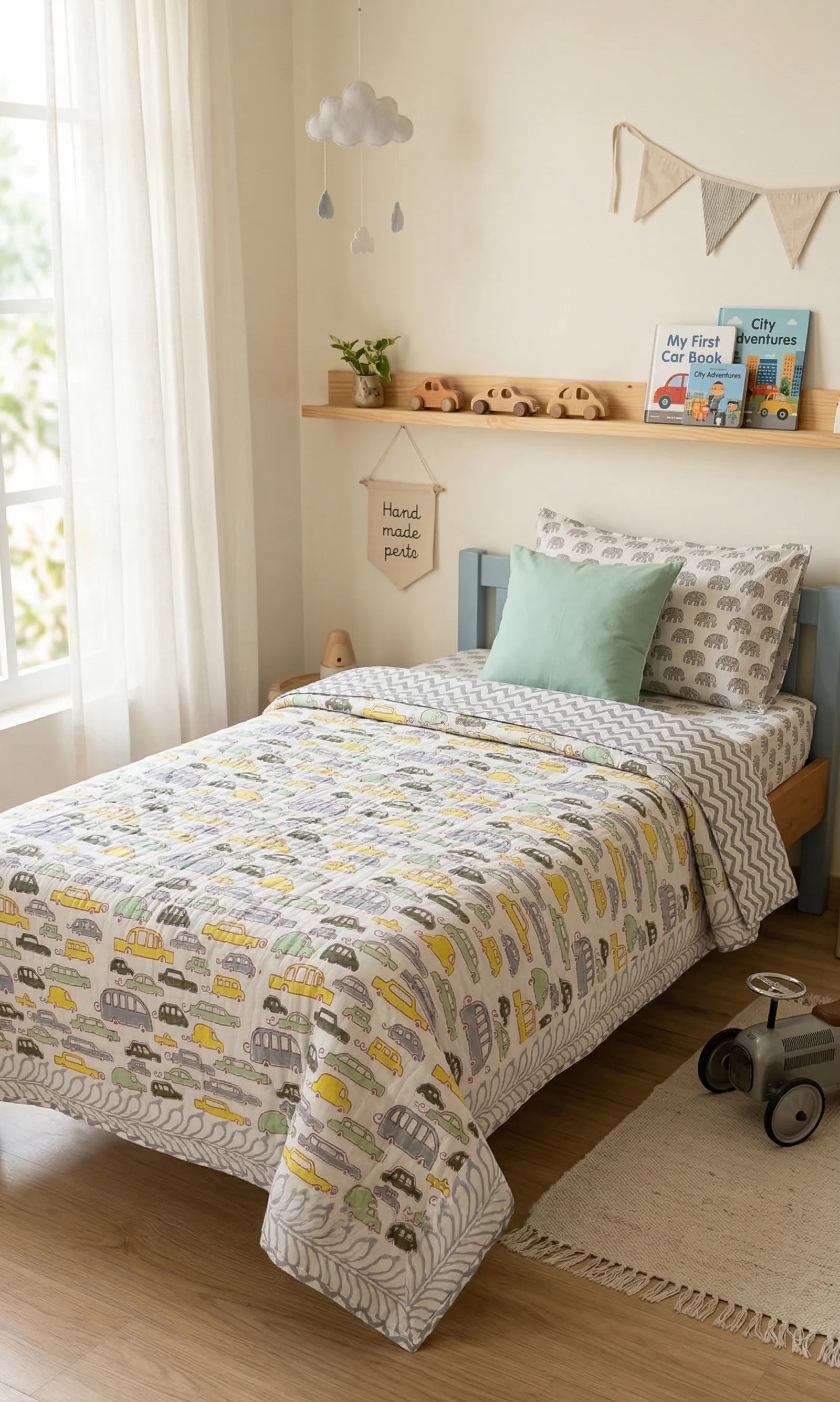 Yellow Small Car Handblock Mul Cotton Kids Quilt image 1